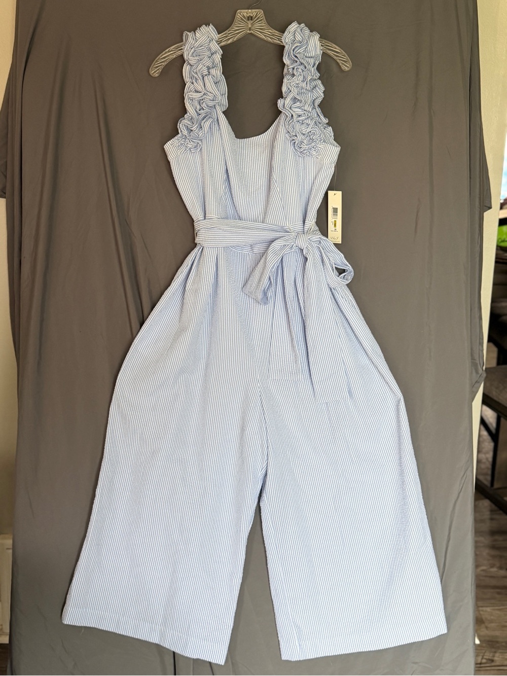Eliza J Blue & White Pinstripe Ruffled-Strap Wide-Leg Jumpsuit